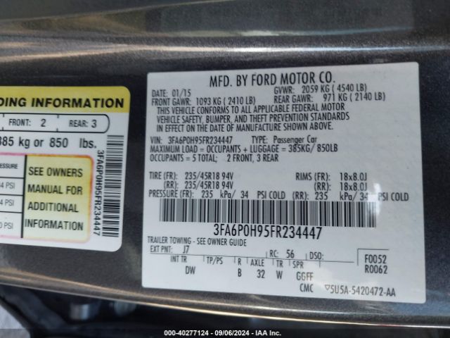 Photo 8 VIN: 3FA6P0H95FR234447 - FORD FUSION 