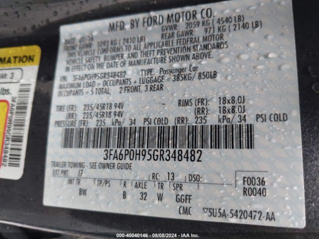 Photo 8 VIN: 3FA6P0H95GR348482 - FORD FUSION 