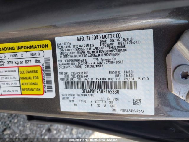 Photo 8 VIN: 3FA6P0H95HR165830 - FORD FUSION 