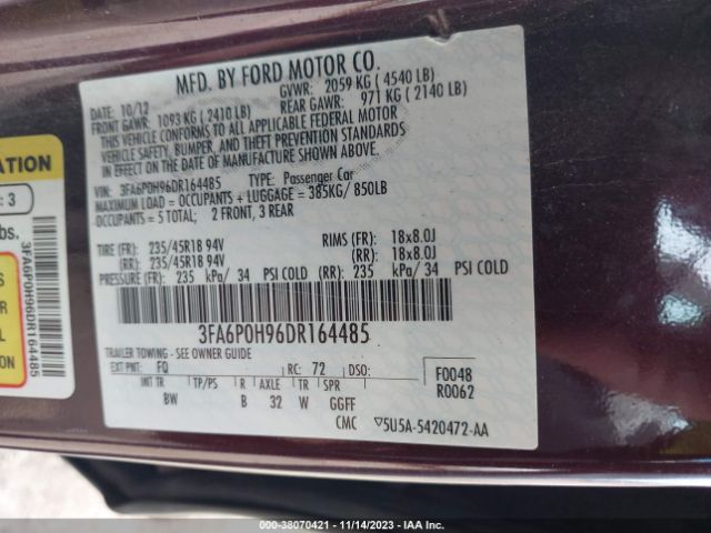 Photo 8 VIN: 3FA6P0H96DR164485 - FORD FUSION 