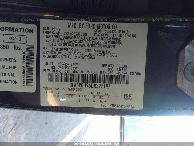 Photo 8 VIN: 3FA6P0H96DR327197 - FORD FUSION 