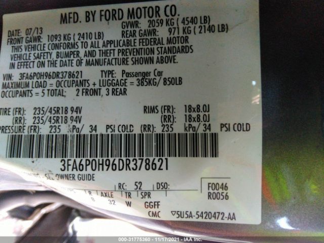 Photo 8 VIN: 3FA6P0H96DR378621 - FORD FUSION 