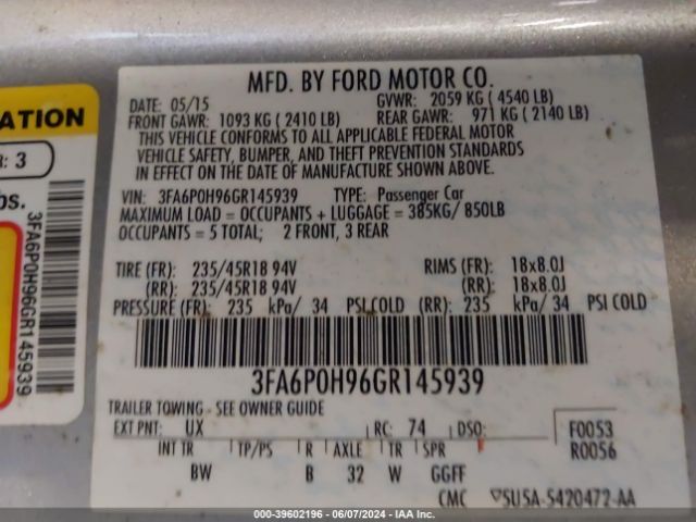 Photo 8 VIN: 3FA6P0H96GR145939 - FORD FUSION 