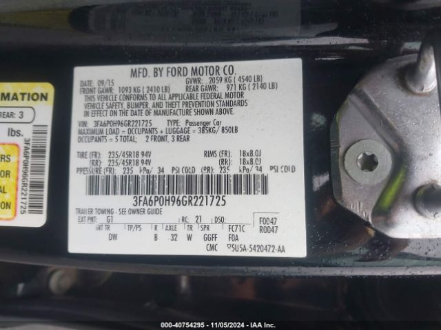 Photo 8 VIN: 3FA6P0H96GR221725 - FORD FUSION 