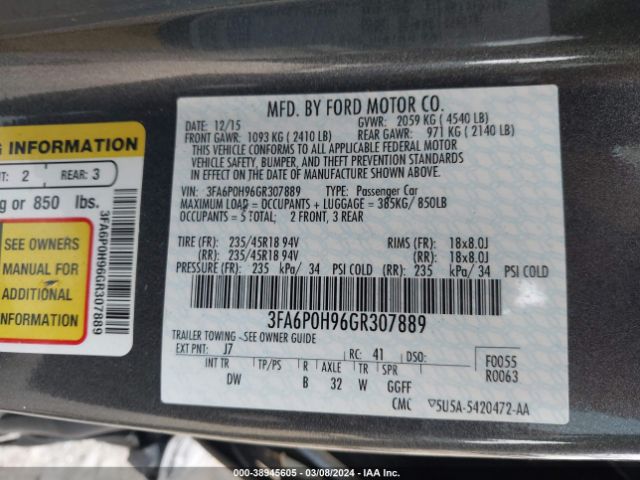 Photo 8 VIN: 3FA6P0H96GR307889 - FORD FUSION 