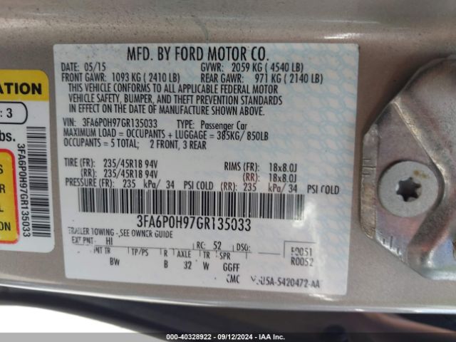 Photo 8 VIN: 3FA6P0H97GR135033 - FORD FUSION 