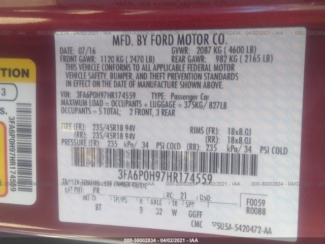 Photo 8 VIN: 3FA6P0H97HR174559 - FORD FUSION 