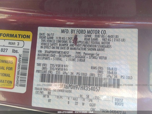 Photo 8 VIN: 3FA6P0H97HR354057 - FORD FUSION 