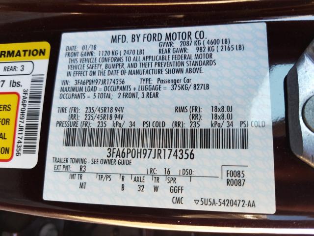 Photo 9 VIN: 3FA6P0H97JR174356 - FORD FUSION 