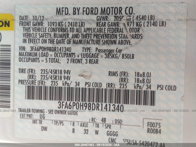 Photo 8 VIN: 3FA6P0H98DR141340 - FORD FUSION 