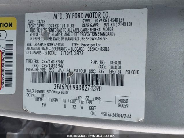 Photo 8 VIN: 3FA6P0H98DR274390 - FORD FUSION 