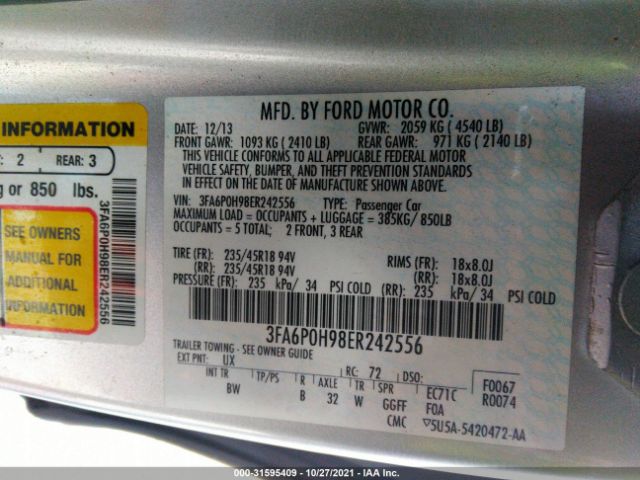 Photo 8 VIN: 3FA6P0H98ER242556 - FORD FUSION 