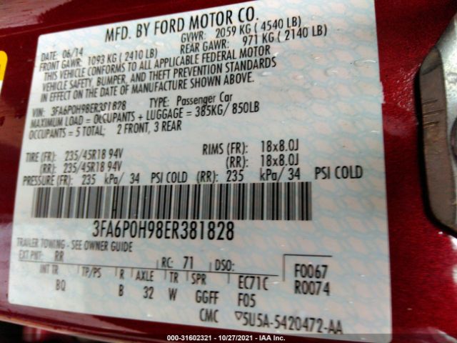 Photo 8 VIN: 3FA6P0H98ER381828 - FORD FUSION 