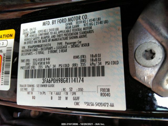 Photo 8 VIN: 3FA6P0H98GR114174 - FORD FUSION 