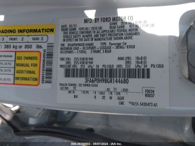 Photo 8 VIN: 3FA6P0H98GR144680 - FORD FUSION 