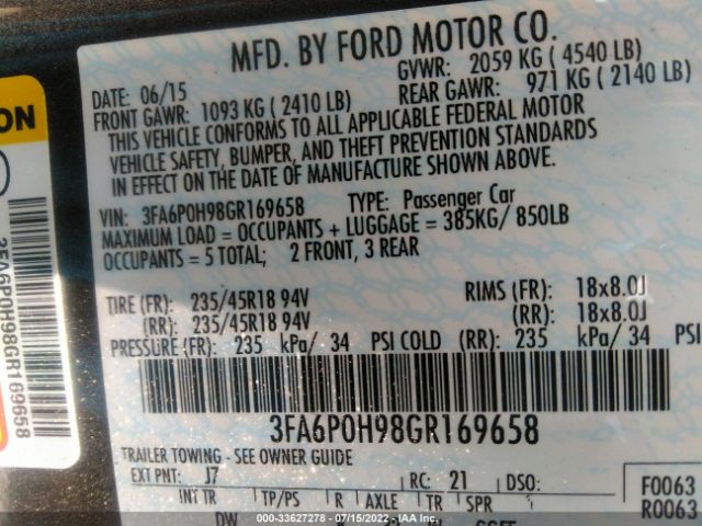 Photo 8 VIN: 3FA6P0H98GR169658 - FORD FUSION 