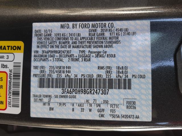 Photo 9 VIN: 3FA6P0H98GR247307 - FORD FUSION SE 