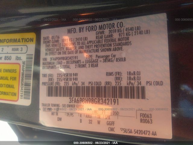 Photo 8 VIN: 3FA6P0H98GR342191 - FORD FUSION 