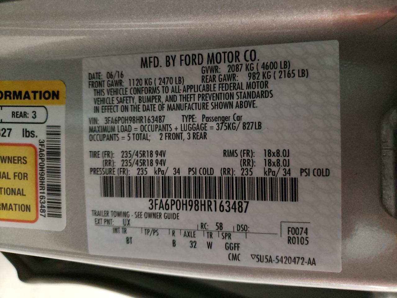 Photo 11 VIN: 3FA6P0H98HR163487 - FORD FUSION 