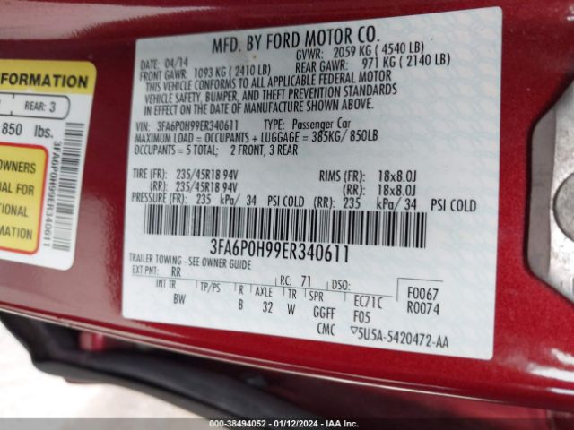 Photo 8 VIN: 3FA6P0H99ER340611 - FORD FUSION 