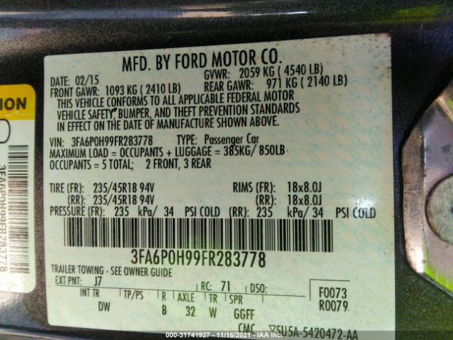 Photo 8 VIN: 3FA6P0H99FR283778 - FORD FUSION 