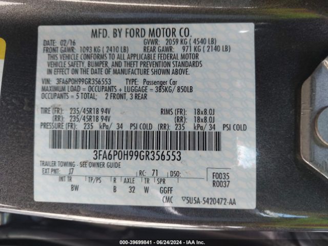 Photo 8 VIN: 3FA6P0H99GR356553 - FORD FUSION 