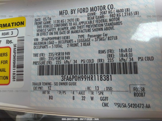 Photo 8 VIN: 3FA6P0H99HR118381 - FORD FUSION 