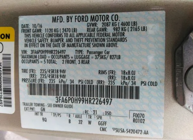 Photo 8 VIN: 3FA6P0H99HR226497 - FORD FUSION 