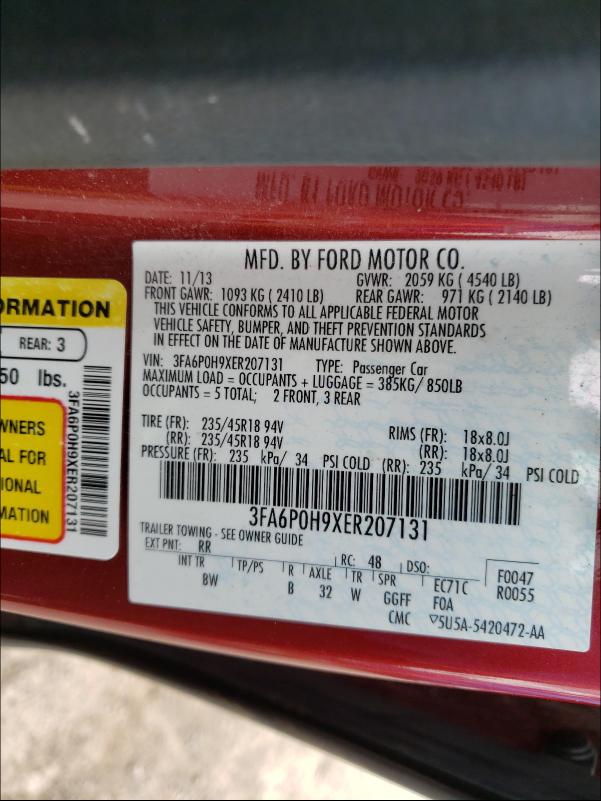 Photo 9 VIN: 3FA6P0H9XER207131 - FORD FUSION SE 