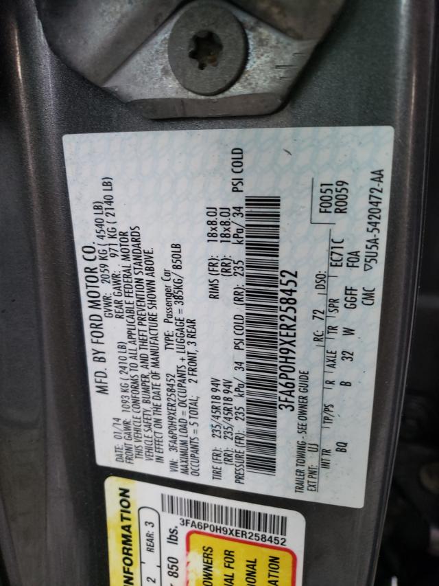 Photo 9 VIN: 3FA6P0H9XER258452 - FORD FUSION SE 