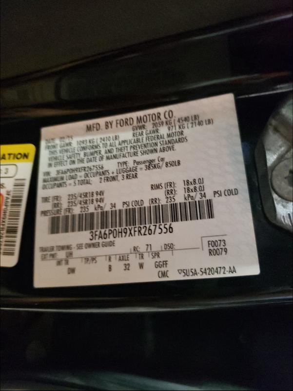 Photo 9 VIN: 3FA6P0H9XFR267556 - FORD FUSION SE 