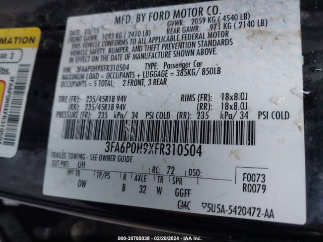 Photo 8 VIN: 3FA6P0H9XFR310504 - FORD FUSION 