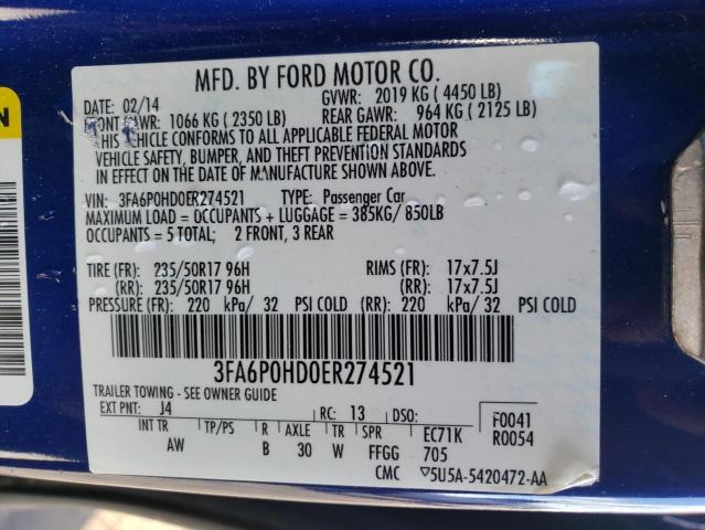 Photo 11 VIN: 3FA6P0HD0ER274521 - FORD FUSION SE 