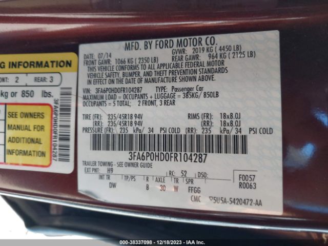 Photo 8 VIN: 3FA6P0HD0FR104287 - FORD FUSION 