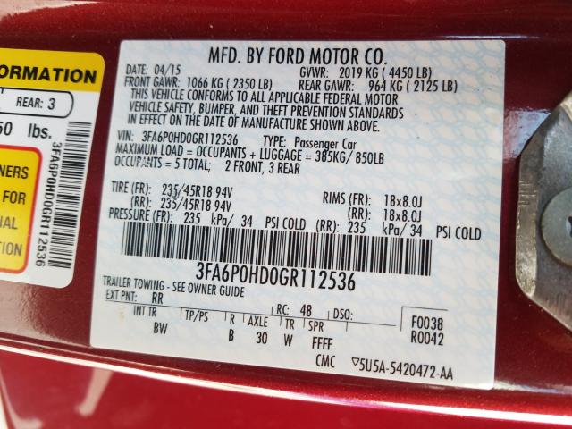 Photo 9 VIN: 3FA6P0HD0GR112536 - FORD FUSION SE 