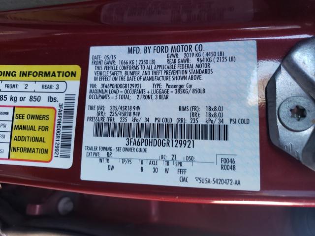 Photo 9 VIN: 3FA6P0HD0GR129921 - FORD FUSION SE 