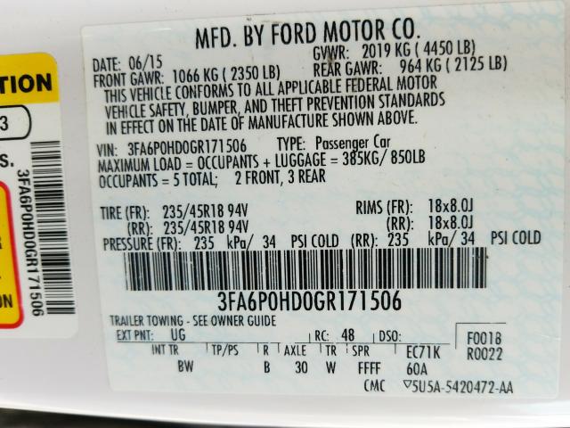 Photo 9 VIN: 3FA6P0HD0GR171506 - FORD FUSION SE 