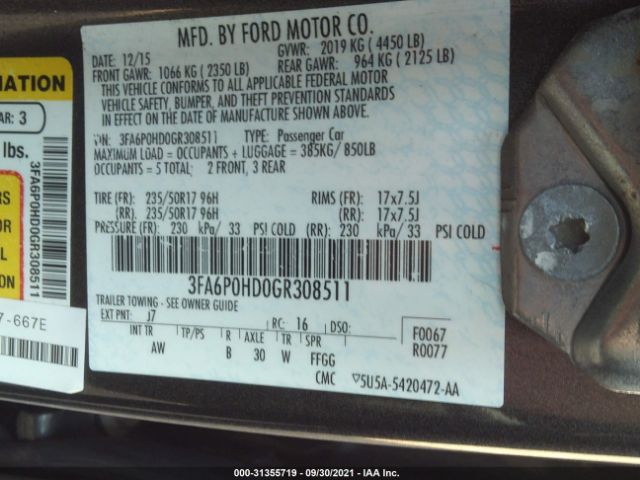 Photo 8 VIN: 3FA6P0HD0GR308511 - FORD FUSION 