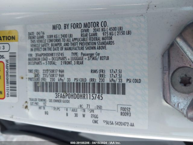 Photo 8 VIN: 3FA6P0HD0HR115745 - FORD FUSION 