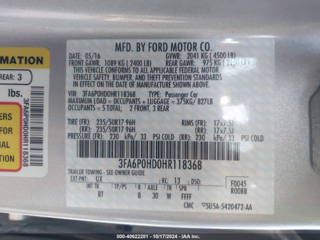 Photo 8 VIN: 3FA6P0HD0HR118368 - FORD FUSION 