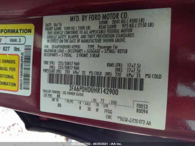 Photo 8 VIN: 3FA6P0HD0HR142900 - FORD FUSION 