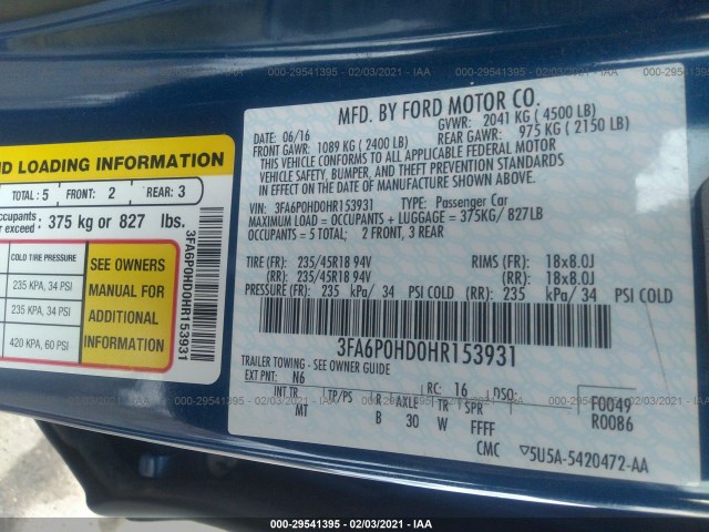 Photo 8 VIN: 3FA6P0HD0HR153931 - FORD FUSION 