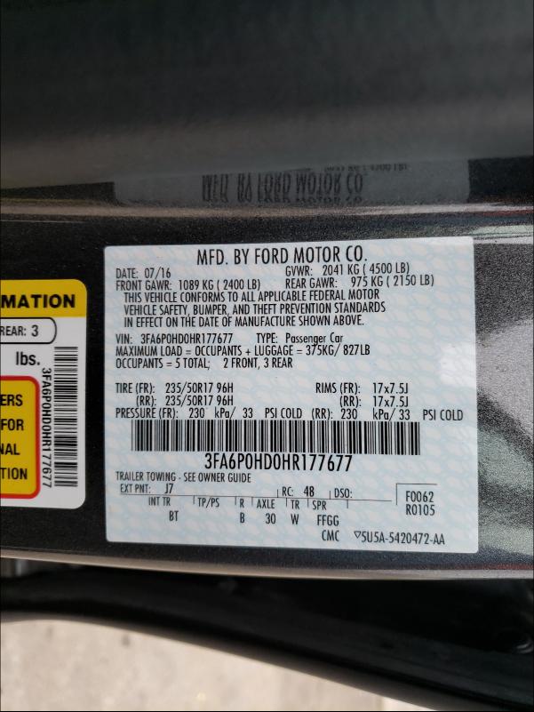 Photo 9 VIN: 3FA6P0HD0HR177677 - FORD FUSION SE 