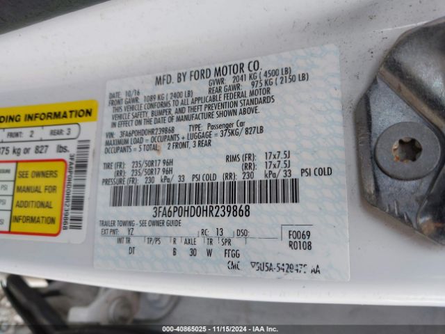 Photo 8 VIN: 3FA6P0HD0HR239868 - FORD FUSION 