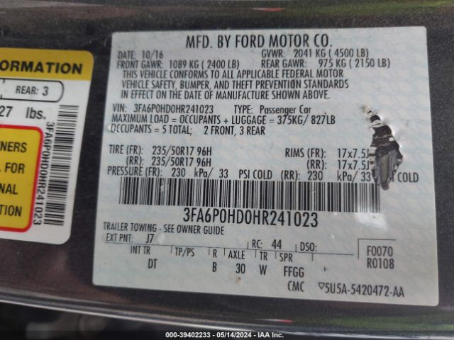 Photo 8 VIN: 3FA6P0HD0HR241023 - FORD FUSION 