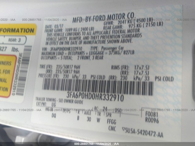 Photo 8 VIN: 3FA6P0HD0HR332910 - FORD FUSION 