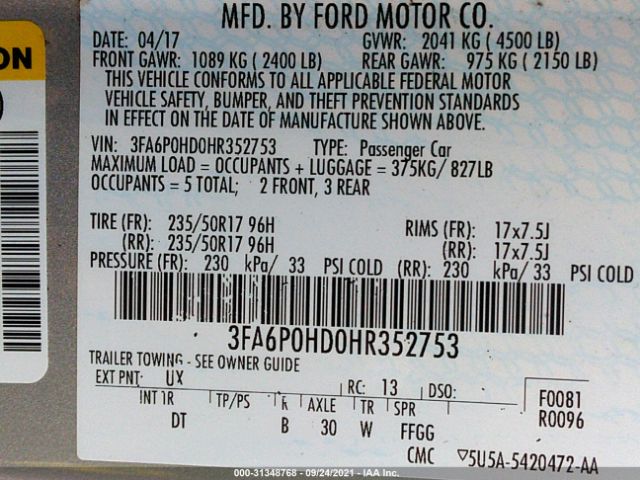 Photo 8 VIN: 3FA6P0HD0HR352753 - FORD FUSION 