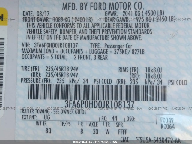 Photo 8 VIN: 3FA6P0HD0JR108137 - FORD FUSION 