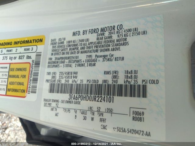 Photo 8 VIN: 3FA6P0HD0JR224101 - FORD FUSION 