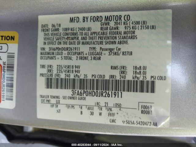 Photo 8 VIN: 3FA6P0HD0JR261911 - FORD FUSION 